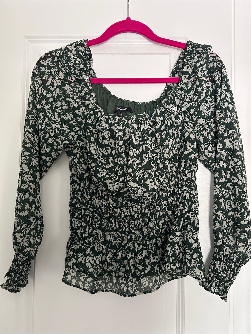 Madewell Dark Green and Cream Smocked Floral Blouse